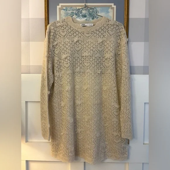 Zara Cream Lace Knit Top Size Small - Picture 2 of 9